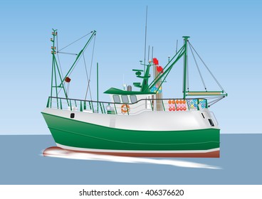 A Green and White Fishing Boat sailing on a calm sea