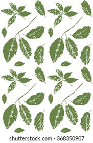 Green and white floral seamless pattern with leaves of wild grape stylized as stamp or imprint; rustic or boho style. May be used for textile, wrapping paper or in scrapbooking