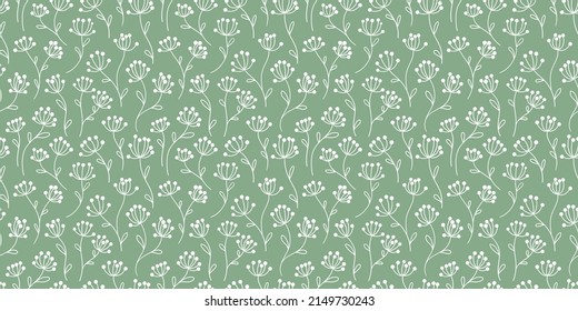 Grün-weiße, florale Vektorgrafik-Wiederholungsmuster, nahtloser Hintergrund mit Blumen, handgezeichnete Elemente