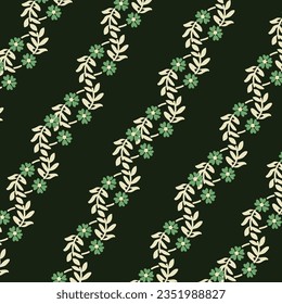 A green and white floral vines pattern on a black background