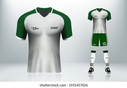 Green And White Football Apparel. Soccer T Shirt Design With Wave Pattern. Football Uniform With Shit And Short For Green And White Color Team In Vector Illustration