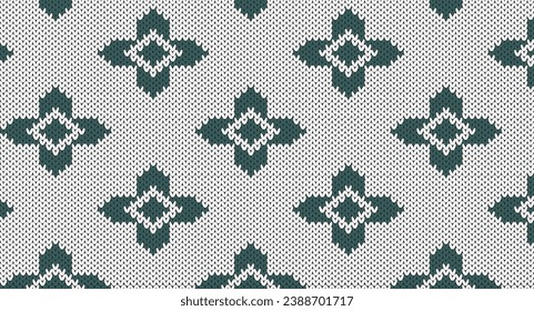 Green and white geometric ethnic oriental seamless pattern, Festive Sweater Design. Seamless Knitted Pattern