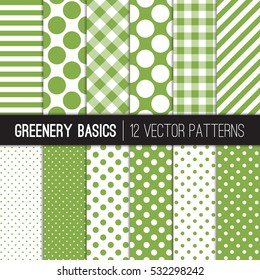 Green and White Gingham, Polka Dots and Candy Stripes Vector Patterns in Greenery - 2017 Color of the Year. Modern Geometric Backgrounds. Tile Swatches made with Global Colors