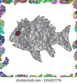 Green, white and gray. Vector pattern for printing on fabric. Decorative seamless pattern with tropical fish stylized texture of embroidery.
