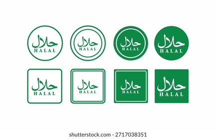 Vector de conjunto de iconos de logotipo Halal verde y blanco. Con caligrafía árabe y texto en inglés en Formas circulares y cuadradas para certificación y empaque de alimentos islámicos