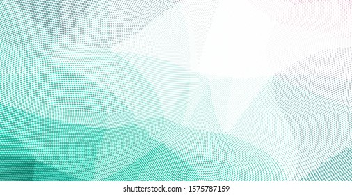 Green white halftone dots pattern texture background. Low poly design. Modern gradient monochrome dotted vector illustration. Abstract wavy lines. Triangular polygon backdrop