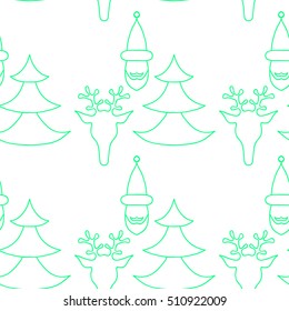 green and white hand drawn seamless Christmas pattern with deer, santa claus and new year tree for textile, fabric, paper