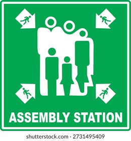 Icono de Vector de señalización de estación de ensamblaje IMO verde y blanco en estilo minimalista plano, aislado sobre fondo verde. Ilustración editable y escalable adecuada para seguridad marítima, evacuación de emergencia, instrucciones para salvar vidas y señalización de seguridad.