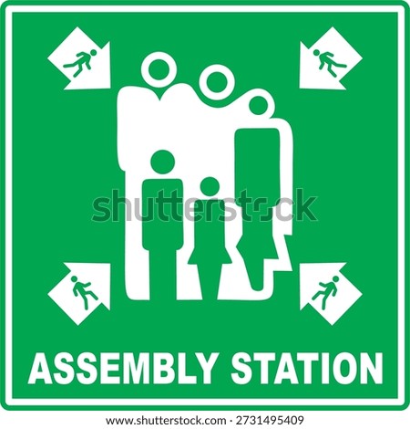 Green and white IMO assembly station signage vector icon in flat minimalist style, isolated on green background. Editable and scalable illustration suitable for maritime safety, emergency evacuation, life-saving instructions, and safety signage.