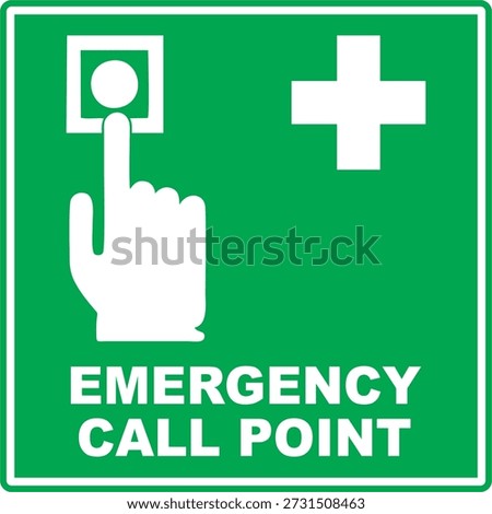 Green and white IMO emergency call point signage vector icon in flat minimalist style, isolated on green background. Editable and scalable illustration suitable for maritime safety, emergency communication, life-saving instructions, and safety signage.