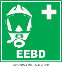 Icono de Vector de señalización del dispositivo de respiración de escape de emergencia de la OMI (EEBD) verde y blanco en estilo minimalista plano, aislado sobre fondo verde. Ilustración editable y escalable adecuada para seguridad marítima, evacuación de emergencia, instrucciones para salvar vidas y señalización de seguridad.