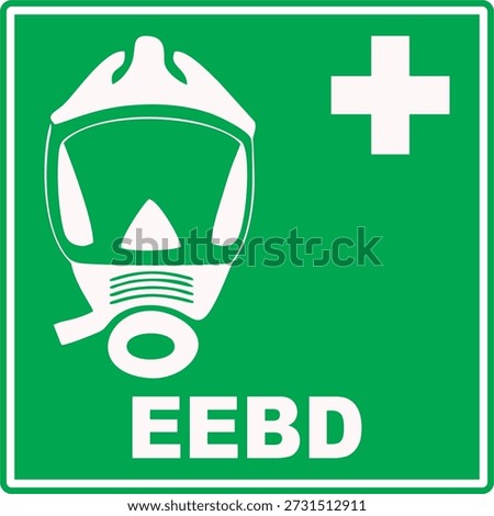 Green and white IMO Emergency Escape Breathing Device (EEBD) signage vector icon in flat minimalist style, isolated on green background. Editable and scalable illustration suitable for maritime safety, emergency evacuation, life-saving instructions, and safety signage.