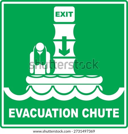 Green and white IMO evacuation chute signage vector icon in flat minimalist style, isolated on green background. Editable and scalable illustration suitable for maritime safety, emergency evacuation, life-saving instructions, and safety signage.