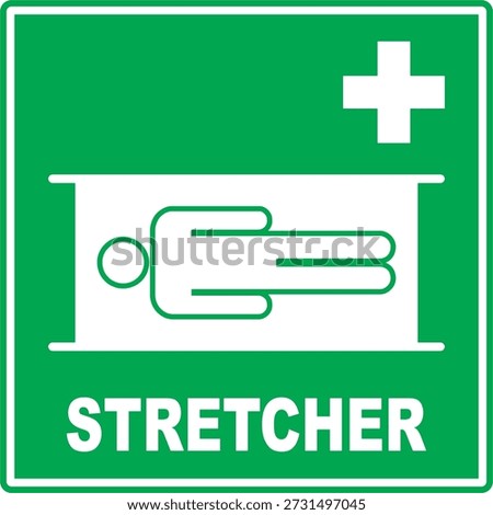 Green and white IMO stretcher signage vector icon in flat minimalist style, isolated on green background. Editable and scalable illustration suitable for maritime safety, emergency medical access, life-saving instructions, and safety signage.