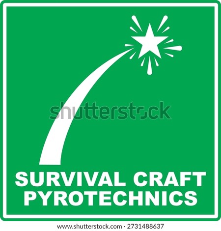 Green and white IMO survival craft Pyrotechnics signage vector icon in flat minimalist style, isolated on green background. Editable and scalable illustration suitable for maritime safety, emergency evacuation, life-saving instructions, and safety signage.