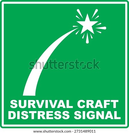 Green and white IMO survival craft distress signal signage vector icon in flat minimalist style, isolated on green background. Editable and scalable illustration suitable for maritime safety, emergency evacuation, life-saving instructions, and safety signage.