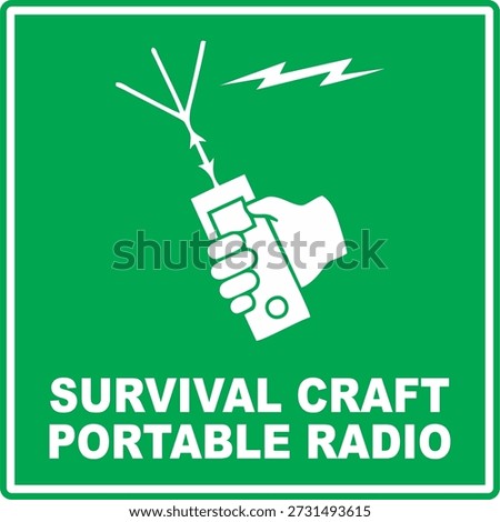Green and white IMO survival craft portable radio signage vector icon in flat minimalist style, isolated on green background. Editable and scalable illustration suitable for maritime safety, emergency communication, life-saving instructions, and safety signage.