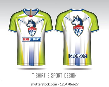 Green and white layout e-sport t-shirt design. Template front, back view. E-sport team shirt mock up. Vector Illustration.
