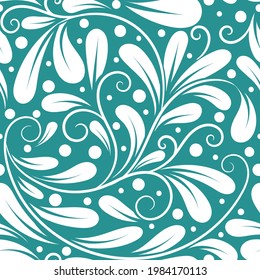 Green and white leaves seamless pattern. Abstract vector ornament template. Paisley elements. Great for fabric, invitation, background, wallpaper, decoration, packaging or any desired idea.
