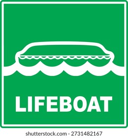Icono de Vector de señalización de bote salvavidas verde y blanco en estilo minimalista plano, aislado sobre fondo verde. Ilustración editable y escalable adecuada para seguridad marítima, evacuación, rescate de emergencia e instrucciones de seguridad.