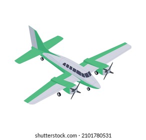 Green and white light passenger plane isometric 3d vector illustration