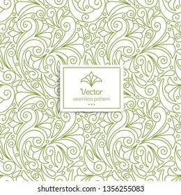 Green and white linear leaf seamless pattern. Vintage vector ornament. Paisley design elements. Great for fabric and textile. Can be used for background and wallpaper decoration.