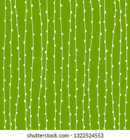 Green and white lines with dots, stylized sprouts with buds seamless pattern, vector background