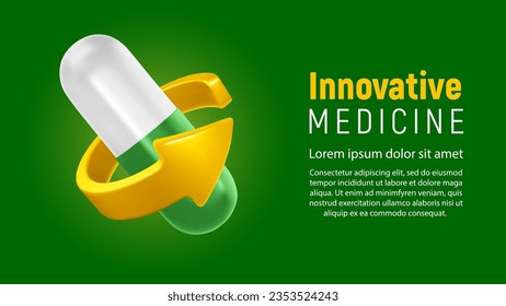 Píldora de cápsula médica blanca verde y flecha redonda. Pancarta sobre medicina innovadora o innovación y desarrollos en el ámbito de los medicamentos, con cápsulas 3d realistas. Concepto de ciencia. Ilustración del vector