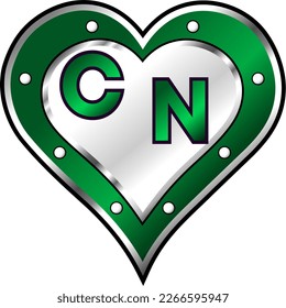 Green and white metallic heart with initial letters C and N, shiny vector illustration, amazing love, passion and happiness vector, illustration for valentine couple. God is good!