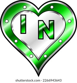 Corazón metálico verde y blanco con letras iniciales I y N, brillante ilustración vectorial, amor asombroso, pasión y vector de felicidad, ilustración para pareja valentina. ¡Dios es bueno!