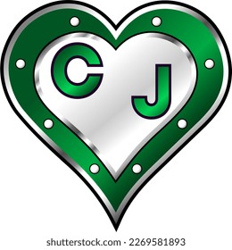 Green and white metallic heart with initial letters C and J, shiny vector illustration, amazing love, passion and happiness vector, illustration for valentine couple. God is good!
