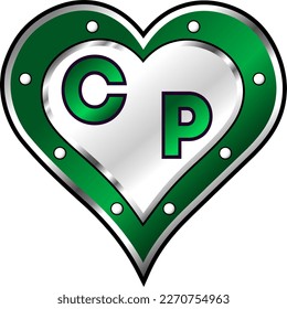 Green and white metallic heart with initial letters C and P, shiny vector illustration, amazing love, passion and happiness vector, illustration for valentine couple. God is good!