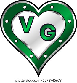 Green and white metallic heart with initial letters V and G, shiny vector illustration, amazing love, passion and happiness vector, illustration for valentine couple. God is good!