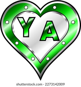 Corazón metálico verde y blanco con letras iniciales Y y A, brillante ilustración vectorial, amor asombroso, pasión y vector de felicidad, ilustración para pareja valentina. ¡Dios es bueno!