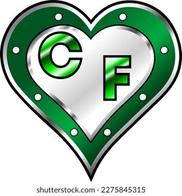 Green and white metallic heart, initial letters C and F, shiny vector illustration, amazing love, passion and happiness vector, illustration for valentine couple. God is good!