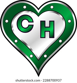 Green and white metallic heart with letters C and H, shiny vector illustration, amazing love, passion and happiness vector, illustration for valentine couple. God is good!