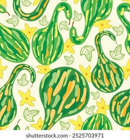 green and white mixed color pumpkin overlapping on each other seamless pattern. Green pumpkin squashes with yellow flowers and green leaves floral seamless pattern for fall and autumn. 