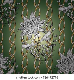 Green, white and neutral tree with gold trim. Pattern on green, white and neutral colors with golden elements. Platina. Small depth of field. Ornamental element woodcarving. Furniture in classic style
