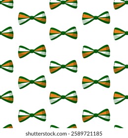 Green, white, and orange bow ties inspired by the Irish flag seamless pattern. Perfect for St. Patrick's Day decorations, textiles, and festive backgrounds. Vector illustration