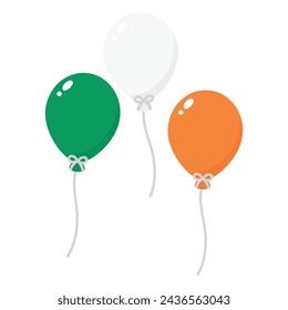 Green, white and orange colored balloons, as the colors of Ireland flag. Flat vector illustration.