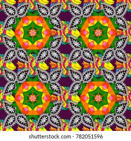 Green, white and orange colors. Colored elements. Abstract vector decorative ethnic mandala sketchy seamless pattern.