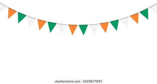 Green, white and orange flag garland. Triangle pennants chain. Party decoration. Celebration flags for decor. Vector illustration  