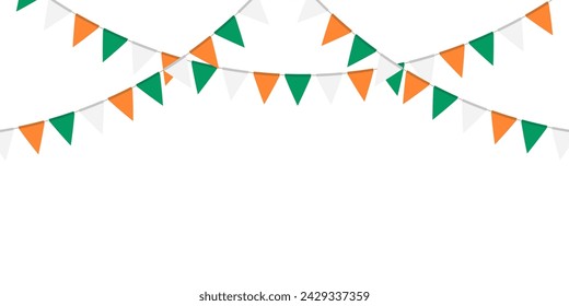 Green, white and orange flag garland. Triangle pennants chain. Party decoration. Celebration flags for decor. Vector illustration  
