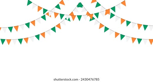 Green, white and orange flag garland. Triangle pennants chain. Party decoration. Celebration flags for decor. Vector illustration  