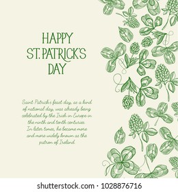 Green and white original decorative design postcard doodle hand drawn with lettering about st. patricks day with hop twigs and berries vector illustration