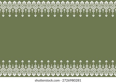 Padrão de borda ornamental verde e branco com motivos de inspiração folclórica simétrica e composição emoldurada. Adequado para painéis têxteis, bordas de tecido, layouts decorativos e uso de design de superfície.