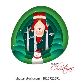 Green and White Paper Layer Cut Background with Xmas Tree, Cartoon Santa Claus and Snowman Character for Merry Christmas.