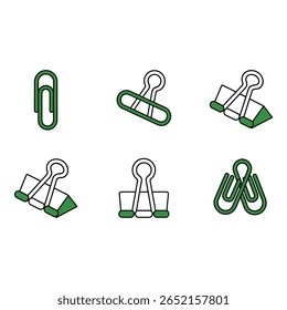 Green and White Paperclip and Binder Clip Icons Modern Minimalist Office Supply Graphics Set