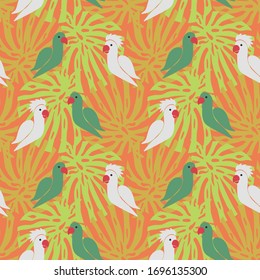 Green and white parrots on a botanical orange background seamless vector pattern. Decorative summertime surface print design in warm colors. For fabrics, wrapping paper, cards and packaging.