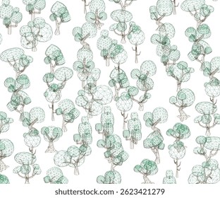 A green and white pattern of trees with a white background. The trees are small and scattered throughout the image. 3D